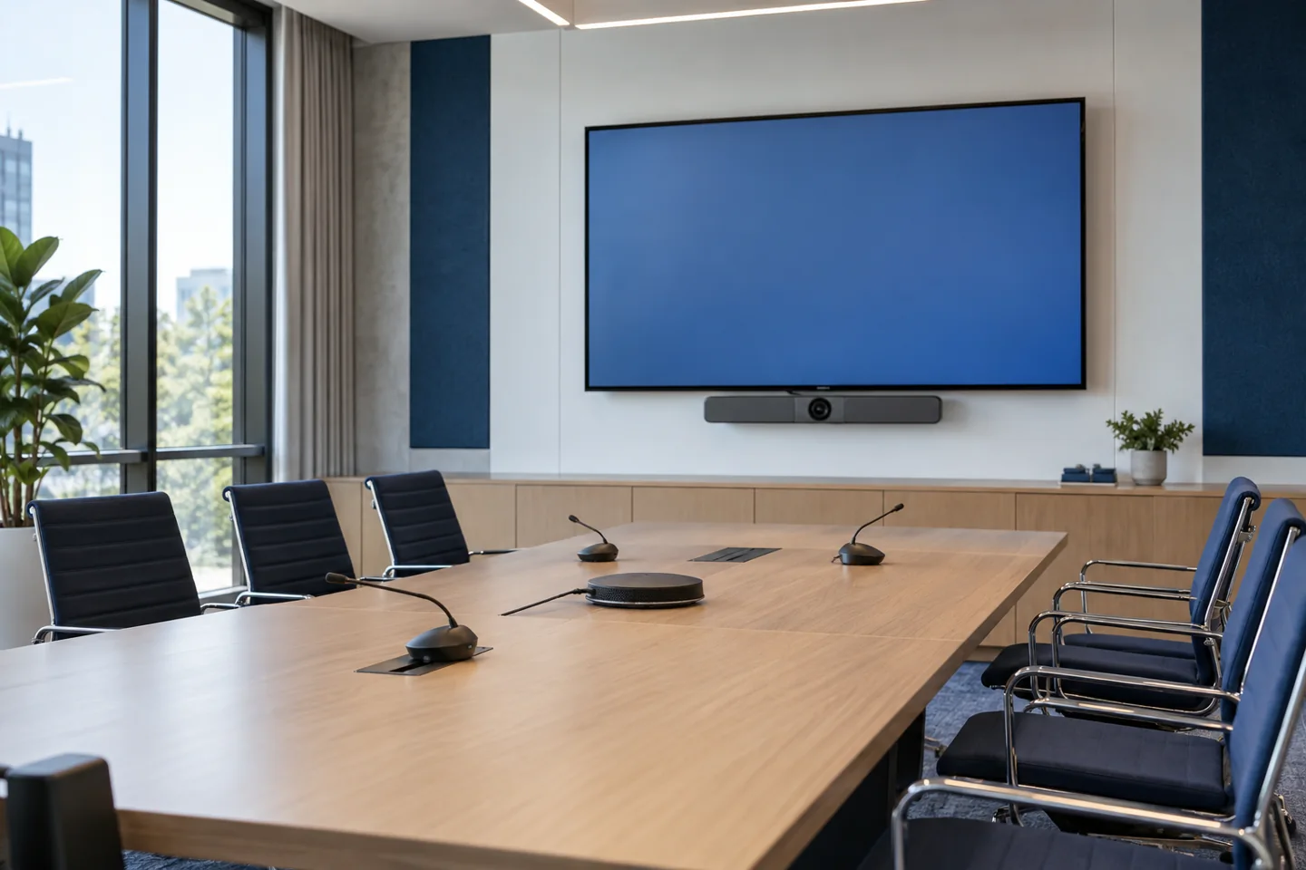 Illustrative conference room with professional video conferencing and audio equipment