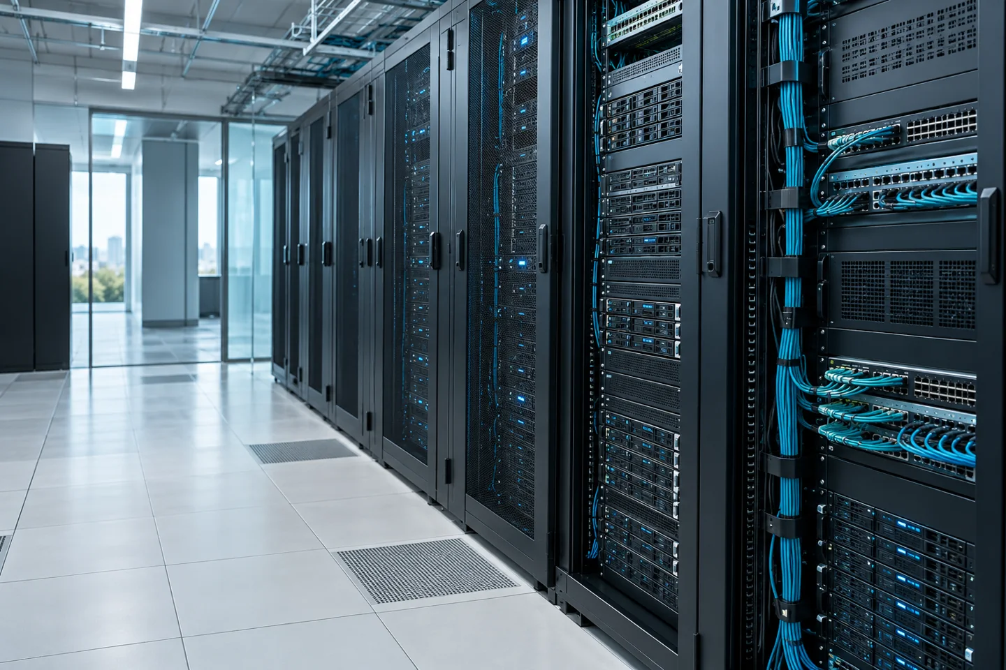 Illustrative enterprise server racks and organised network cabling