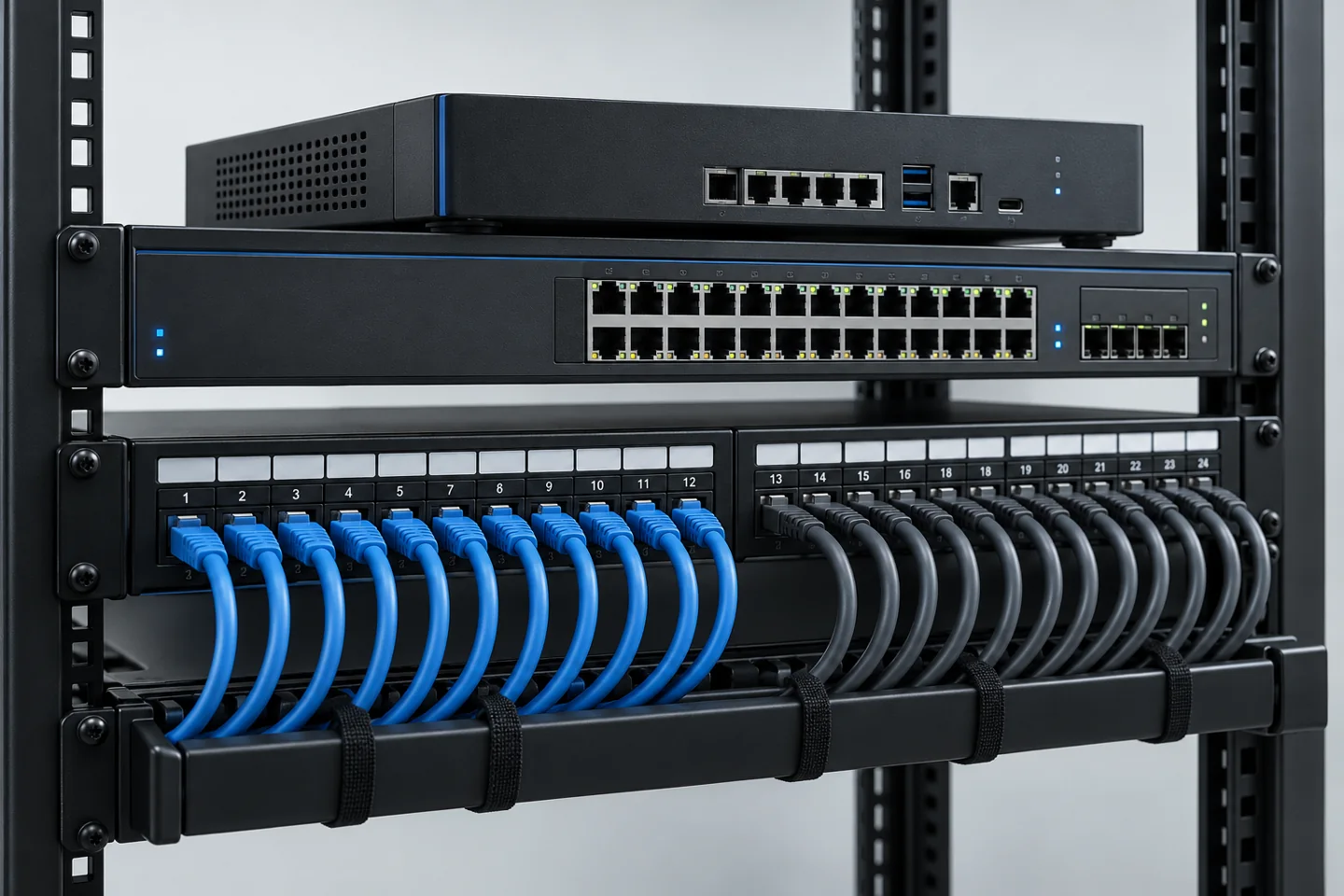 Illustrative network switch, security appliance and patch panel